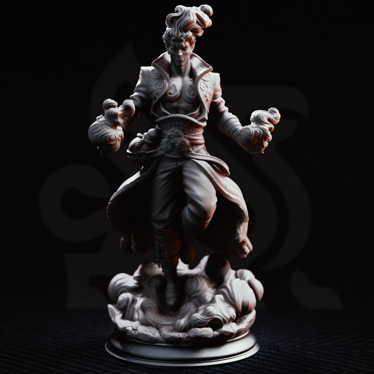 A detailed 3D-rendered fantasy figurine of a muscular male character in a flowing coat, posed mid-step on a cloud-like base against a dark background. Featuring powerful wind and lightning magic, flowing robes, mystical elemental details and a dynamic spellcasting pose with an imposing high-fantasy character design
