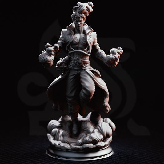 A detailed 3D-rendered fantasy figurine of a muscular male character in a flowing coat, posed mid-step on a cloud-like base against a dark background. Featuring powerful wind and lightning magic, flowing robes, mystical elemental details and a dynamic spellcasting pose with an imposing high-fantasy character design
