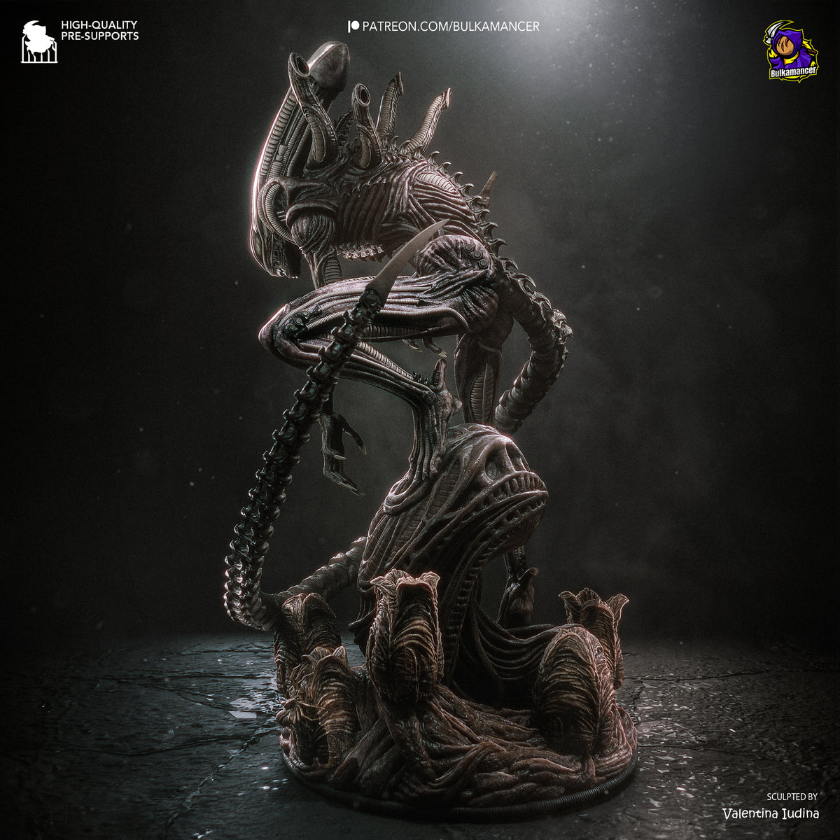Xenomorph alien creature with elongated head, biomechanical body, sharp claws and long segmented tail collectible figurine
