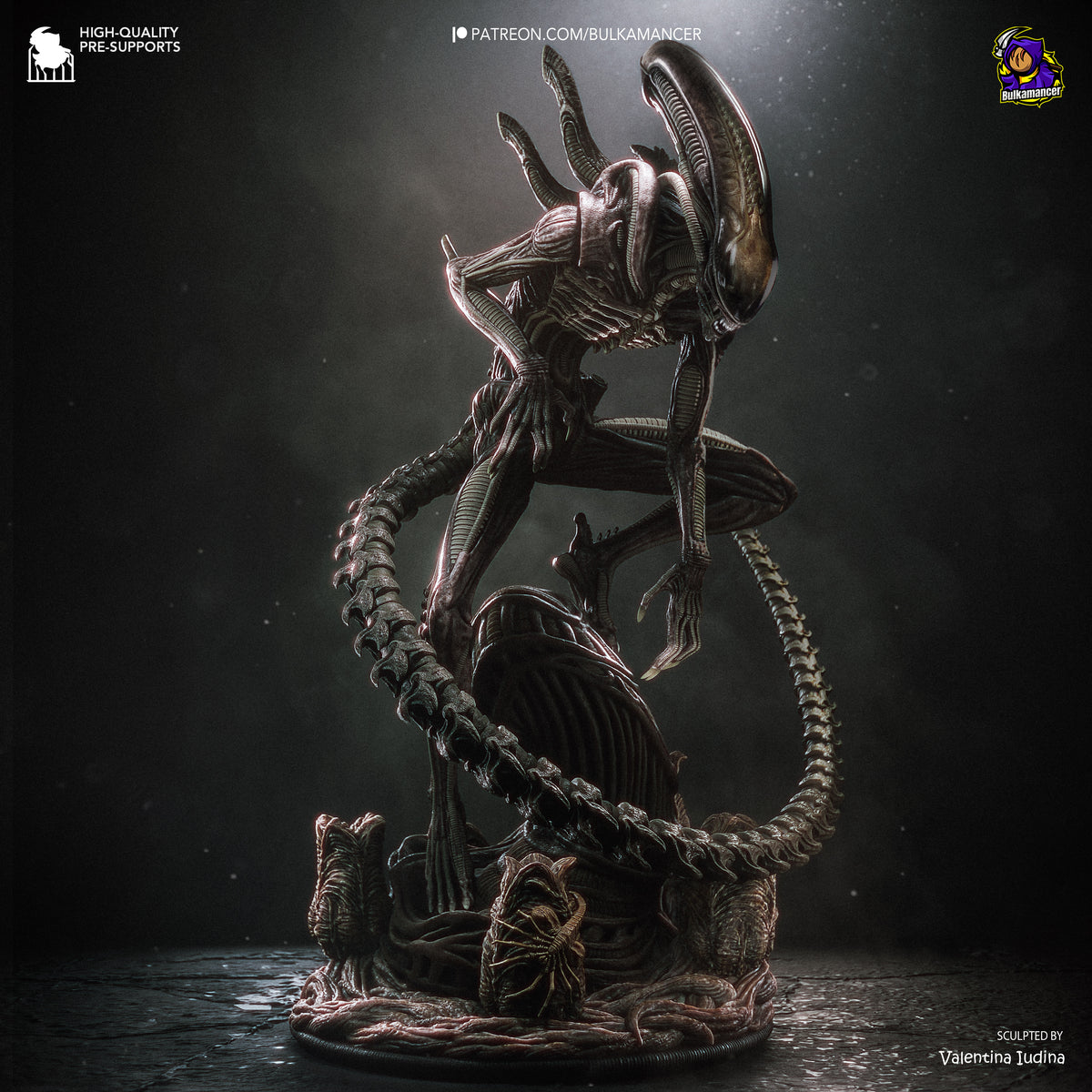 Xenomorph alien creature with elongated head, biomechanical body, sharp claws and long segmented tail collectible figurine
