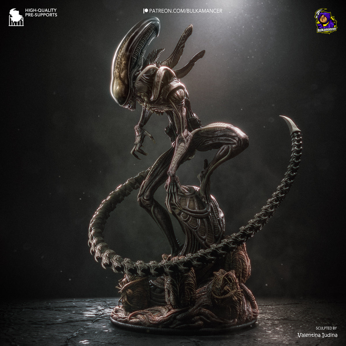 Xenomorph alien creature with elongated head, biomechanical body, sharp claws and long segmented tail collectible figurine
