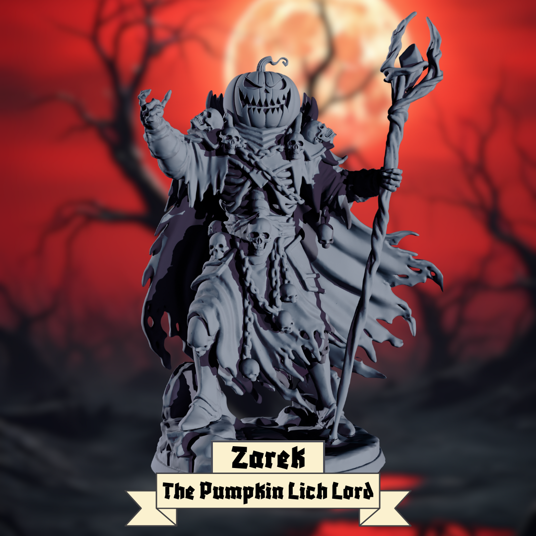 Statue of Zarek, the Pumpkin Lich Lord, against a red moonlit sky with bare trees.