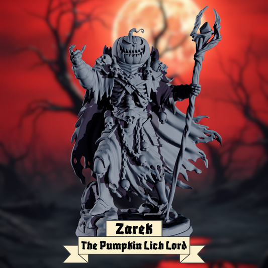Statue of Zarek, the Pumpkin Lich Lord, against a red moonlit sky with bare trees.