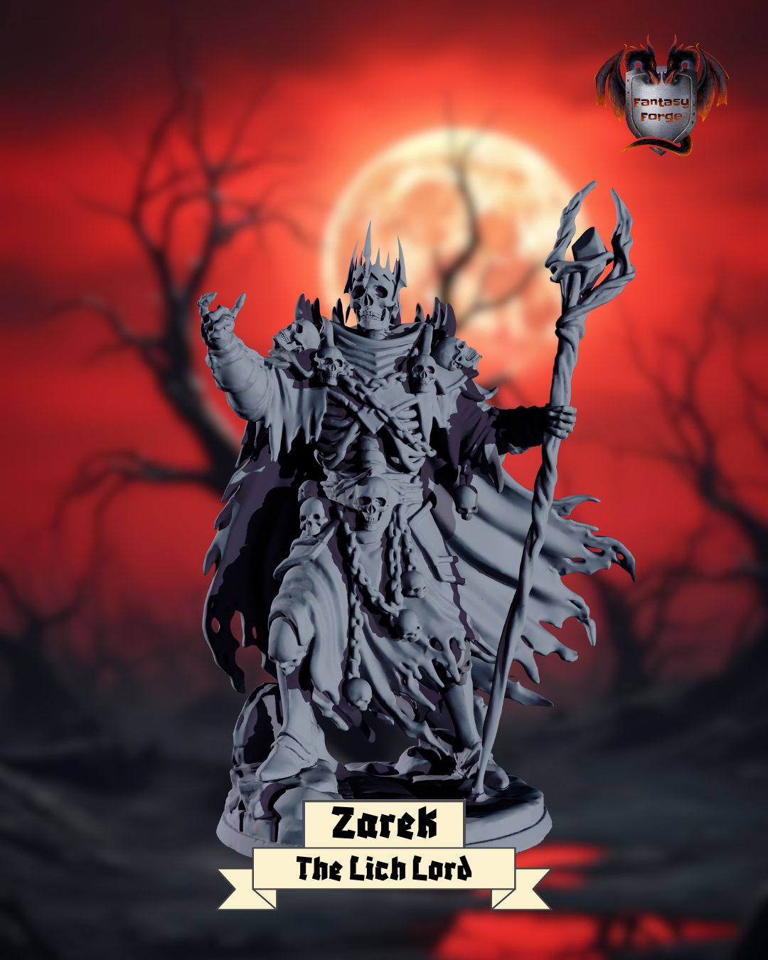Statue of Zarek, the Pumpkin Lich Lord, against a red moonlit sky with bare trees.