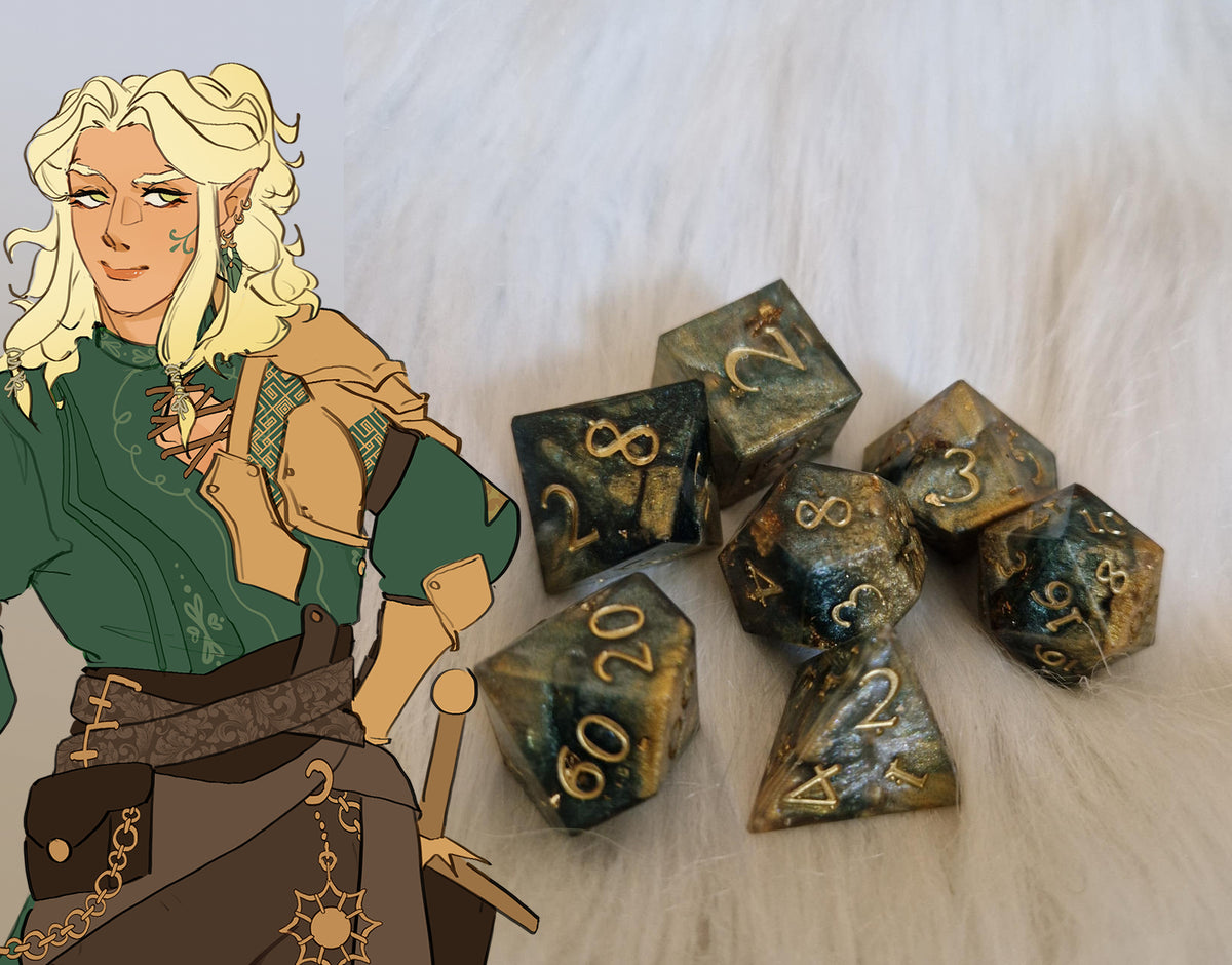 Character-inspired epoxy resin dice in dark green and gold with gold numbers, beside the fantasy character illustration.