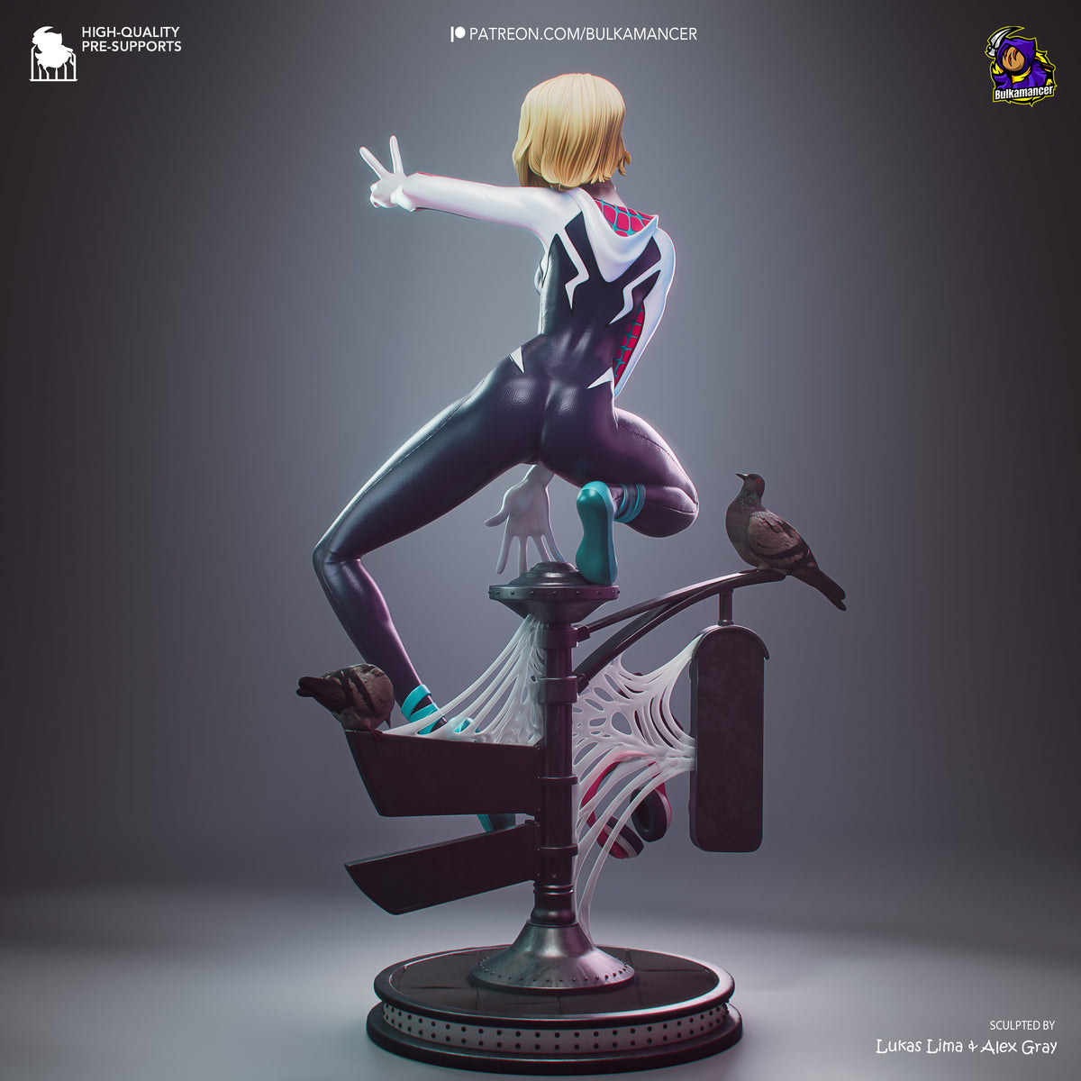 A stylized 3D-rendered collectible figure of a blonde female superhero in a black-and-white bodysuit with red accents, posed mid-leap on a street-lamp base with web details and a bird perched on the lamp, shown on a dark gray gradient background.