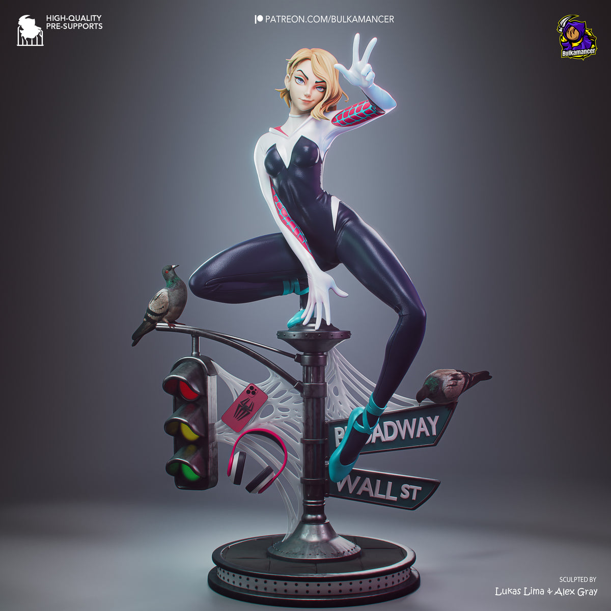 A stylized 3D-rendered collectible figure of a blonde female superhero in a black-and-white bodysuit with red accents, posed mid-leap on a street-lamp base with web details and a bird perched on the lamp, shown on a dark gray gradient background.