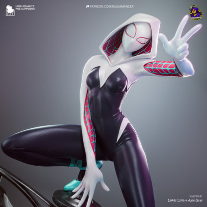 A stylized 3D-rendered collectible figure of a blonde female superhero in a black-and-white bodysuit with red accents, posed mid-leap on a street-lamp base with web details and a bird perched on the lamp, shown on a dark gray gradient background.