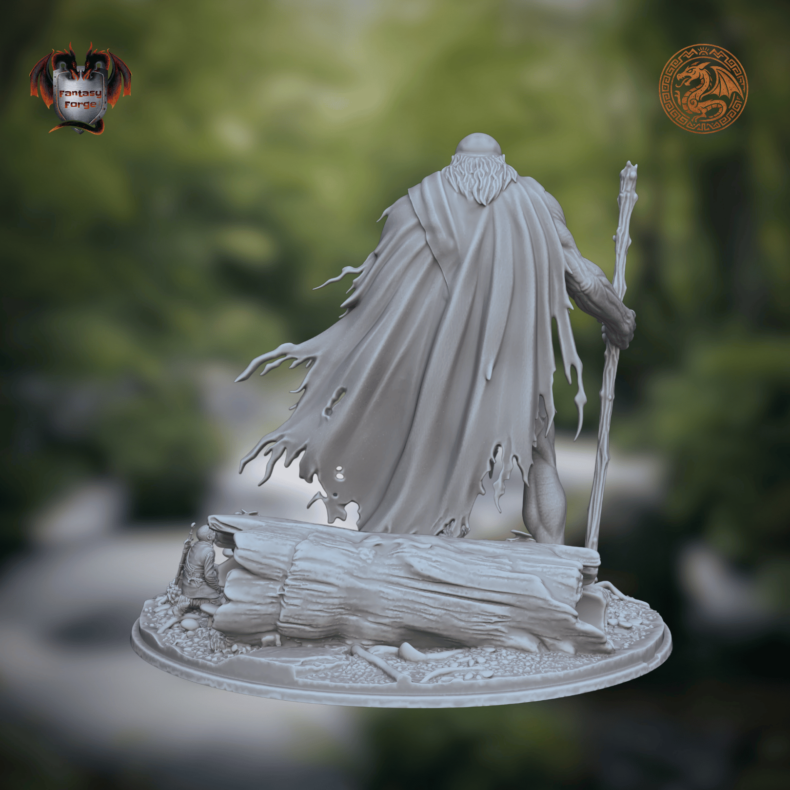A light gray unpainted fantasy miniature figurine featuring a romanian folklore character - Ochila - a bearded warrior holding a staff, standing on a detailed rocky base. The background is a blurred green forest scene.
