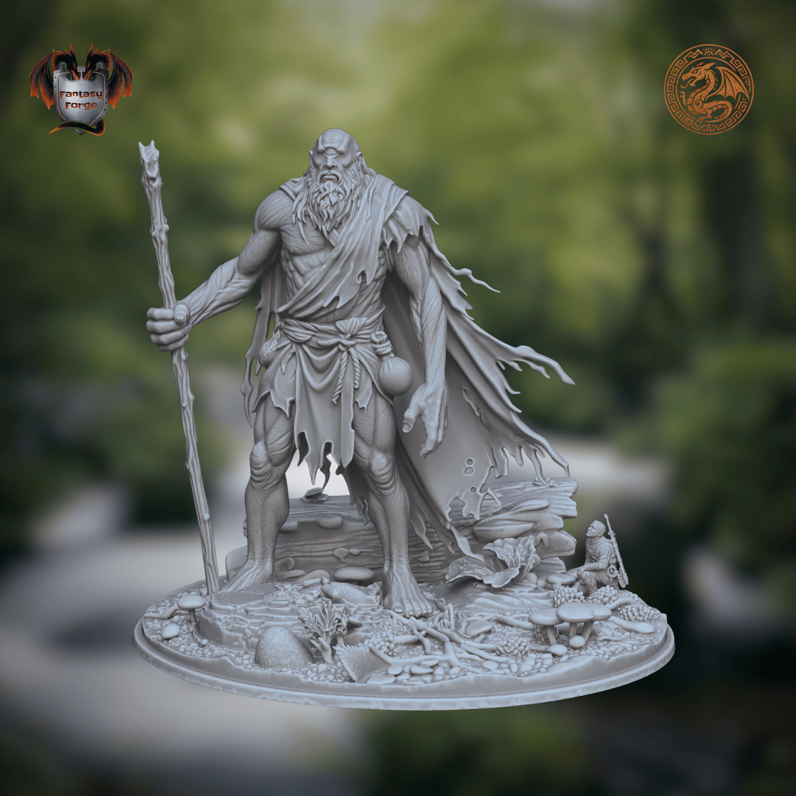A light gray unpainted fantasy miniature figurine featuring a romanian folklore character - Ochila - a bearded warrior holding a staff, standing on a detailed rocky base. The background is a blurred green forest scene.