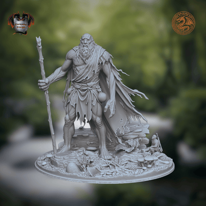 A light gray unpainted fantasy miniature figurine featuring a romanian folklore character - Ochila - a bearded warrior holding a staff, standing on a detailed rocky base. The background is a blurred green forest scene.
