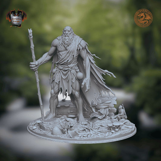 A light gray unpainted fantasy miniature figurine featuring a romanian folklore character - Ochila - a bearded warrior holding a staff, standing on a detailed rocky base. The background is a blurred green forest scene.